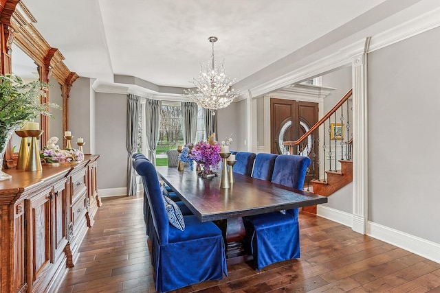 14151 131st St, Lemont, IL 60439 - dining area with a chandelier, baseboards, dark wood-style floors, and stairway