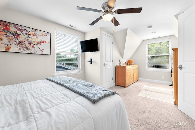 735 S Spring Rd, Elmhurst, IL 60126 - bedroom featuring light carpet, baseboards, vaulted ceiling, and ceiling fan