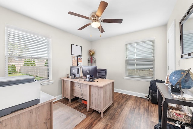 735 S Spring Rd, Elmhurst, IL 60126 - home office with baseboards, dark wood-style flooring, and a ceiling fan