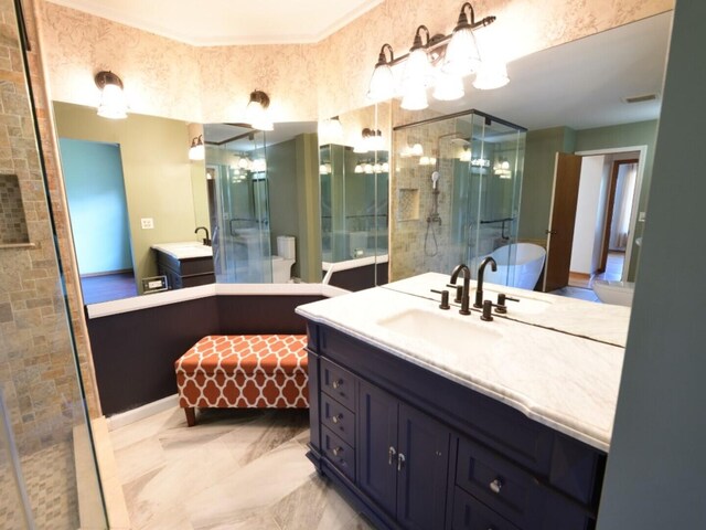 1740 Somerfield Ln, Crystal Lake, IL 60014 - bathroom with two vanities, a shower stall, a freestanding tub, and a chandelier