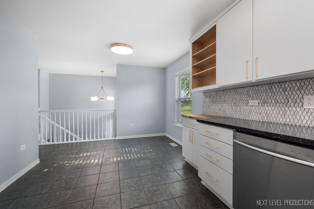 3023 Saganashkee Ln, Naperville, IL 60564 - kitchen featuring dishwasher, backsplash, white cabinets, and a chandelier