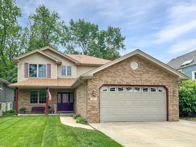 3445 W 114th St, Chicago, IL 60655 - traditional-style home featuring brick siding, an attached garage, driveway, a front lawn, and roof with shingles