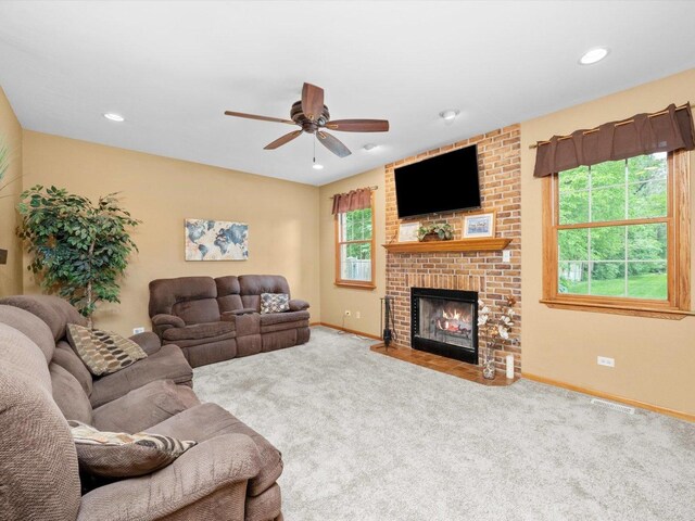 3445 W 114th St, Chicago, IL 60655 - living room featuring baseboards, a ceiling fan, carpet, a fireplace, and recessed lighting