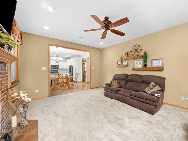 3445 W 114th St, Chicago, IL 60655 - living area with baseboards, a chandelier, light colored carpet, and recessed lighting