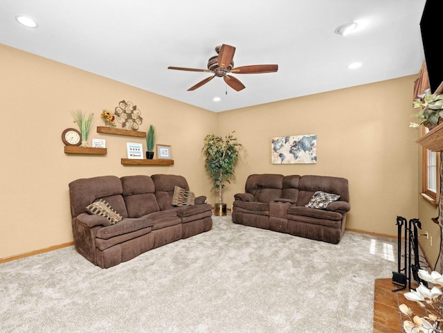 3445 W 114th St, Chicago, IL 60655 - carpeted living room featuring ceiling fan, baseboards, and recessed lighting
