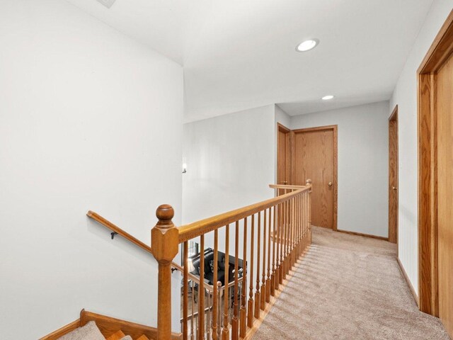 3445 W 114th St, Chicago, IL 60655 - hall with an upstairs landing, carpet, baseboards, and recessed lighting