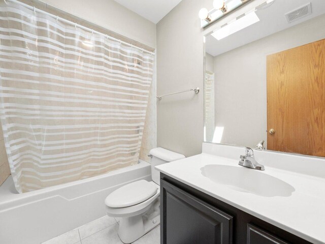 3445 W 114th St, Chicago, IL 60655 - bathroom with vanity, shower / bathtub combination with curtain, tile patterned floors, and toilet