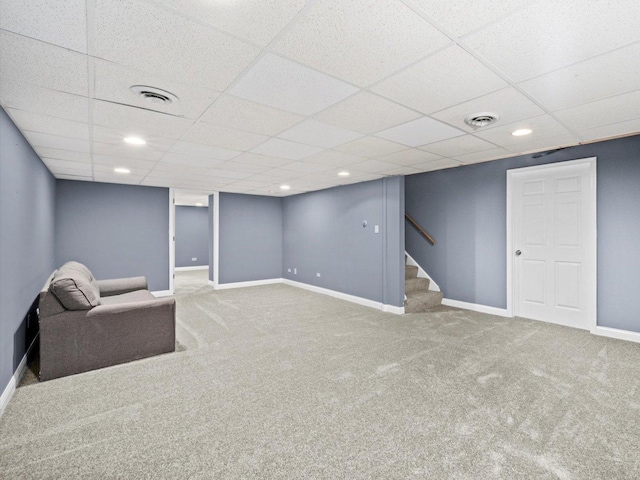 3445 W 114th St, Chicago, IL 60655 - unfurnished room featuring stairway, carpet flooring, baseboards, a drop ceiling, and recessed lighting