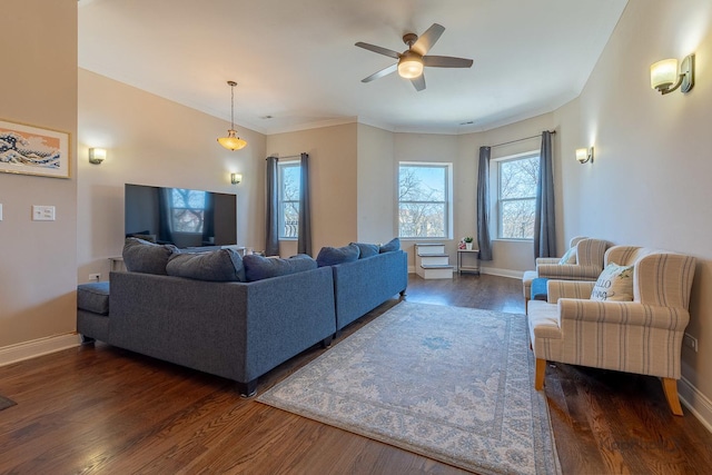 4520 S King Dr Unit 4B, Chicago, IL 60653 - living room featuring wood finished floors, a ceiling fan, baseboards, and ornamental molding