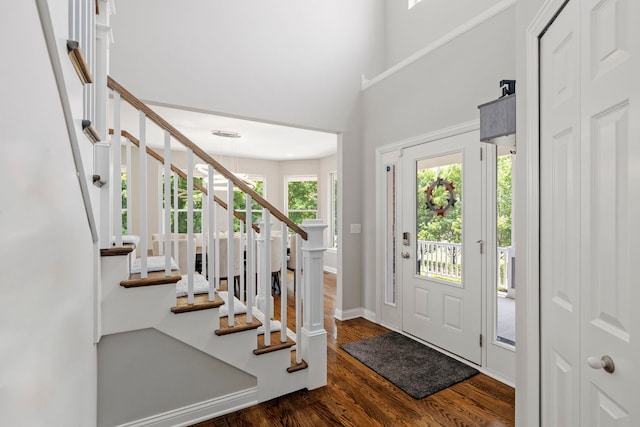 12433 Dublin Ln, Plainfield, IL 60585 - foyer entrance featuring stairs, dark wood finished floors, and baseboards