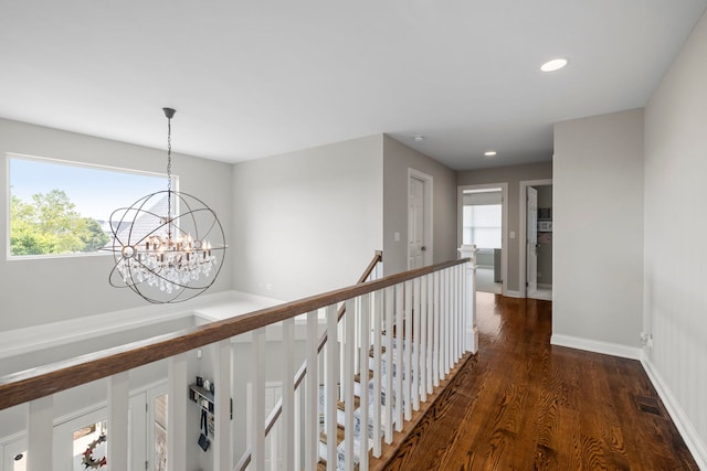 12433 Dublin Ln, Plainfield, IL 60585 - corridor featuring an upstairs landing, wood finished floors, a chandelier, recessed lighting, and baseboards