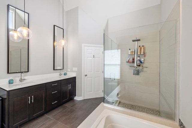12433 Dublin Ln, Plainfield, IL 60585 - full bath with a stall shower, double vanity, a bath, and wood finished floors