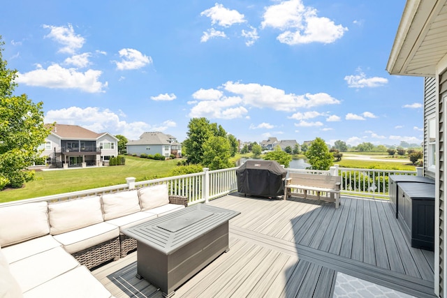 12433 Dublin Ln, Plainfield, IL 60585 - wooden terrace with a grill, an outdoor hangout area, a yard, and a residential view