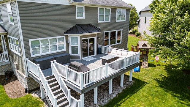 12433 Dublin Ln, Plainfield, IL 60585 - rear view of property featuring a wooden deck, a lawn, an outdoor hangout area, and a shingled roof