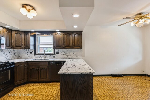5341 S Austin Ave, Chicago, IL 60638 - kitchen with a sink, black appliances, dark brown cabinets, recessed lighting, and a ceiling fan
