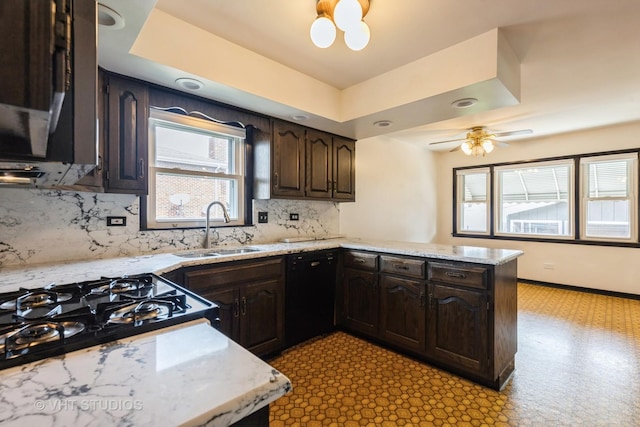 5341 S Austin Ave, Chicago, IL 60638 - kitchen featuring a sink, black dishwasher, dark brown cabinets, decorative backsplash, and light floors