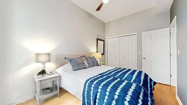 834 N Wood St Unit 2N, Chicago, IL 60622 - bedroom featuring wood finished floors, baseboards, a closet, a ceiling fan, and high vaulted ceiling