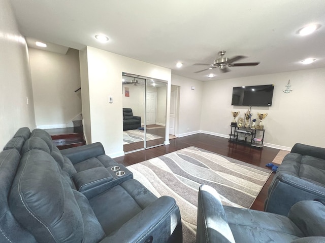1S215 Stratford Ln, Villa Park, IL 60181 - living room featuring ceiling fan, stairway, wood finished floors, baseboards, and recessed lighting