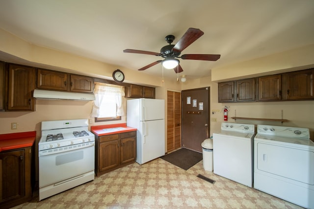 521 Armeida St, Dixon, IL 61021 - kitchen featuring white appliances, under cabinet range hood, separate washer and dryer, a ceiling fan, and light floors