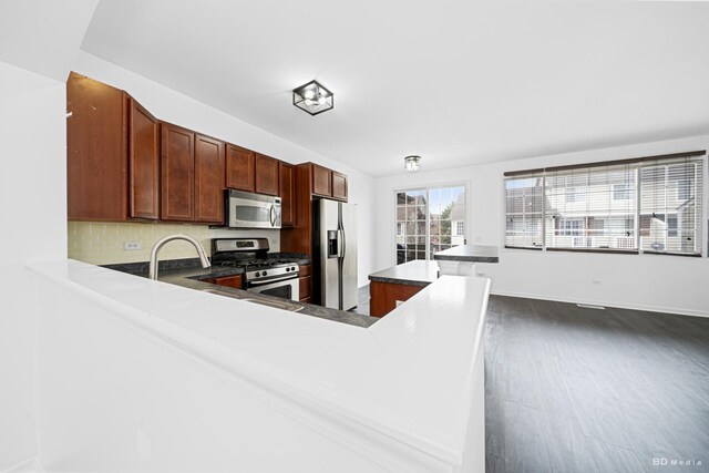 10651 Gabrielle Ln, Orland Park, IL 60462 - kitchen featuring appliances with stainless steel finishes, a peninsula, tasteful backsplash, and dark wood finished floors