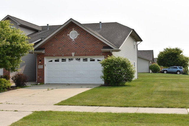 14635 Euclid St Unit D, Cedar Lake, IN 46303 - view of side of property with brick siding, concrete driveway, a lawn, a garage, and a shingled roof