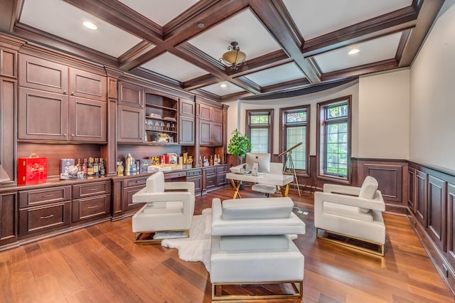 217 Haman Rd, Inverness, IL 60010 - sitting room featuring wood finished floors, beamed ceiling, wainscoting, and coffered ceiling