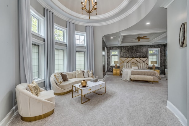 217 Haman Rd, Inverness, IL 60010 - carpeted bedroom featuring ornamental molding, baseboards, a chandelier, recessed lighting, and a towering ceiling