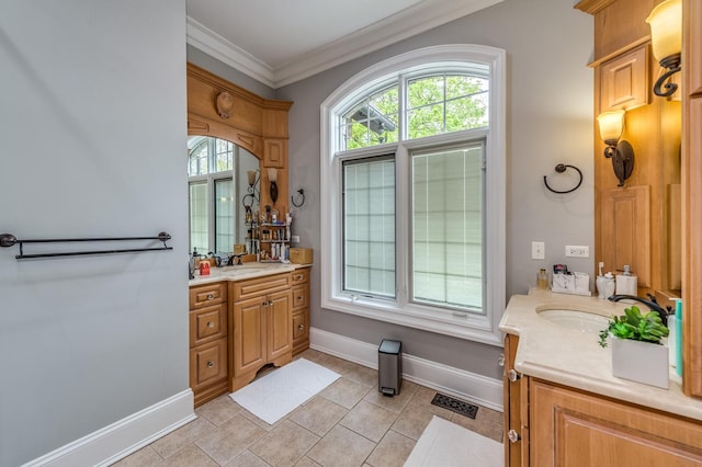 217 Haman Rd, Inverness, IL 60010 - bathroom with baseboards, two vanities, crown molding, and tile patterned flooring