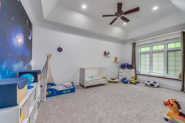 217 Haman Rd, Inverness, IL 60010 - game room with carpet, a ceiling fan, baseboards, recessed lighting, and vaulted ceiling