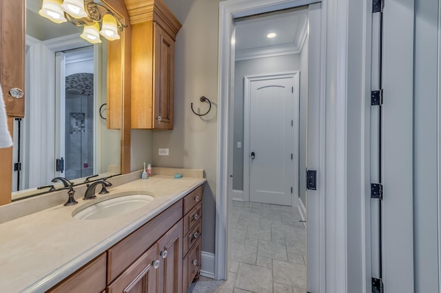 217 Haman Rd, Inverness, IL 60010 - bathroom with vanity, ornamental molding, baseboards, and stone finish floors