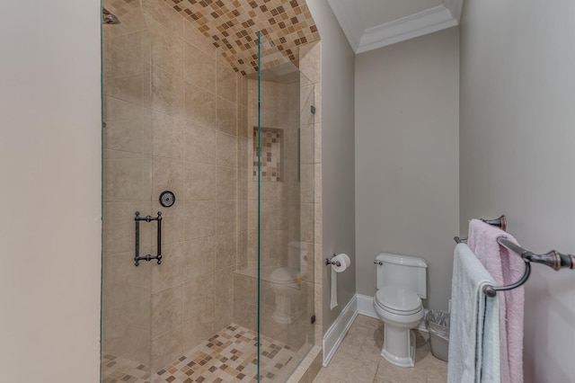 217 Haman Rd, Inverness, IL 60010 - bathroom with crown molding, toilet, a stall shower, baseboards, and tile patterned flooring