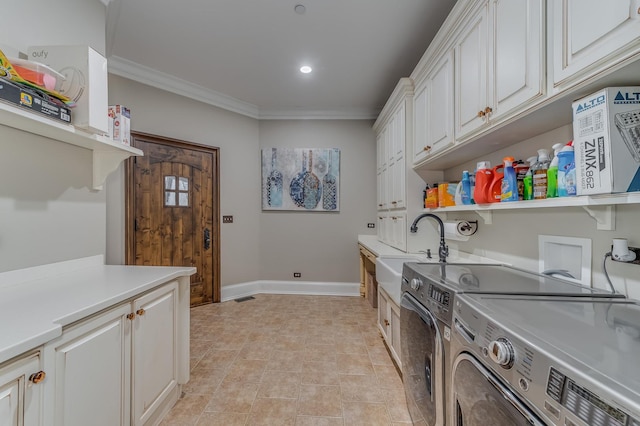 217 Haman Rd, Inverness, IL 60010 - washroom featuring washing machine and dryer, ornamental molding, baseboards, cabinet space, and recessed lighting
