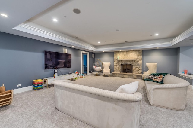 217 Haman Rd, Inverness, IL 60010 - carpeted living room with a raised ceiling, recessed lighting, baseboards, a fireplace, and crown molding