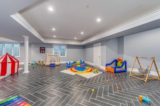 217 Haman Rd, Inverness, IL 60010 - recreation room with a tray ceiling, baseboards, decorative columns, recessed lighting, and ornamental molding