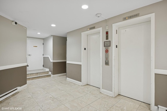 1101 S Hunt Club Dr Unit 101, Mount Prospect, IL 60056 - hall featuring baseboard heating, recessed lighting, elevator, and baseboards