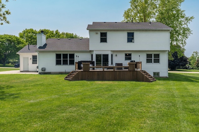 5804 Targee Trl, Roscoe, IL 61073 - back of house with stairs, a deck, a chimney, and a yard