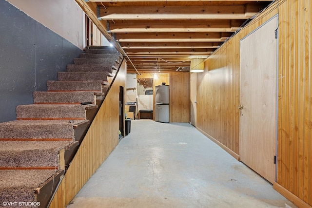 908 Diana Ct, Round Lake Beach, IL 60073 - unfinished basement with stairway and freestanding refrigerator