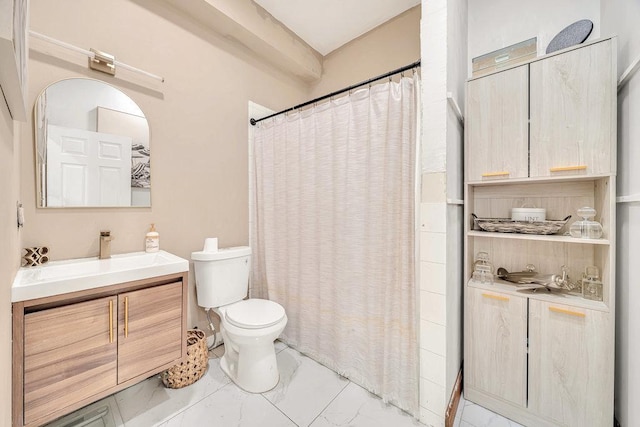 4926 S Winchester Ave, Chicago, IL 60609 - bathroom with toilet, marble finish flooring, vanity, and curtained shower