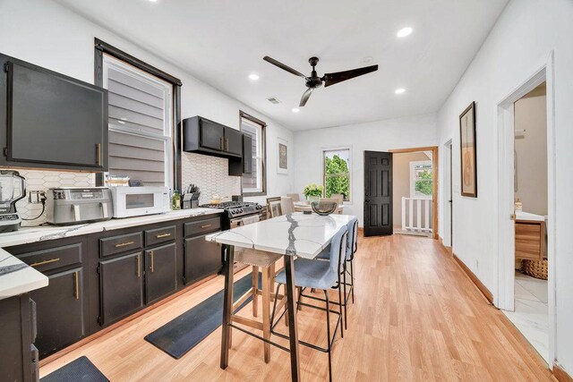 4926 S Winchester Ave, Chicago, IL 60609 - kitchen with decorative backsplash, a ceiling fan, recessed lighting, light wood-type flooring, and white microwave