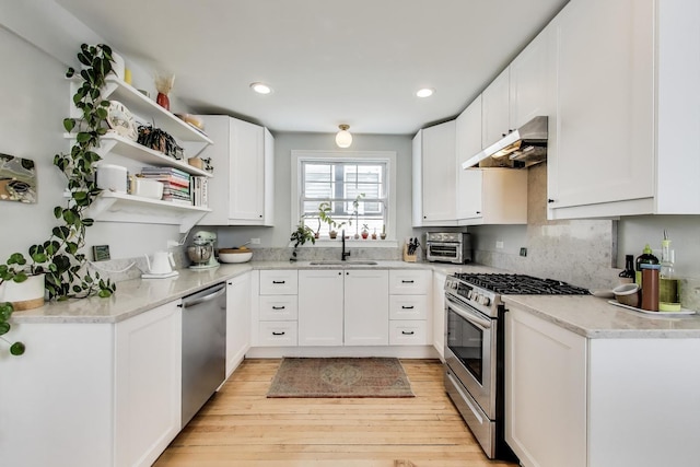 3719 W Shakespeare Ave, Chicago, IL 60647 - kitchen featuring stainless steel appliances, under cabinet range hood, light wood finished floors, white cabinetry, and recessed lighting