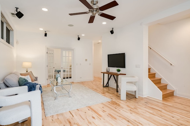 2433 W Haddon Ave Unit 1E, Chicago, IL 60622 - living area featuring stairs, ceiling fan, wood finished floors, french doors, and recessed lighting