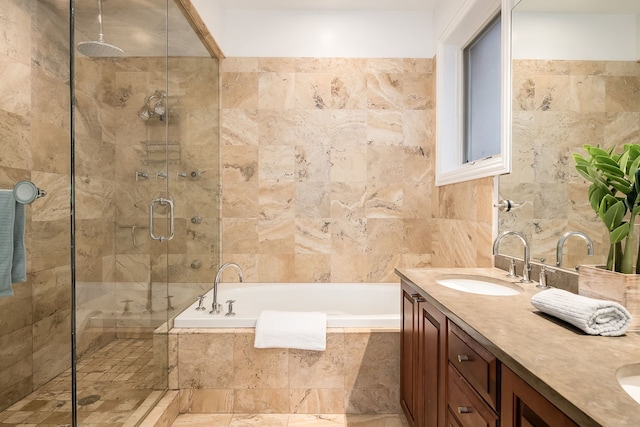 2433 W Haddon Ave Unit 1E, Chicago, IL 60622 - bathroom featuring tile walls, a stall shower, a bath, and double vanity