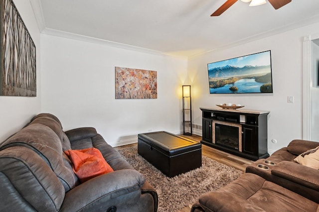 2313 Modaff Rd, Naperville, IL 60565 - living area featuring ceiling fan, ornamental molding, wood finished floors, baseboards, and a glass covered fireplace