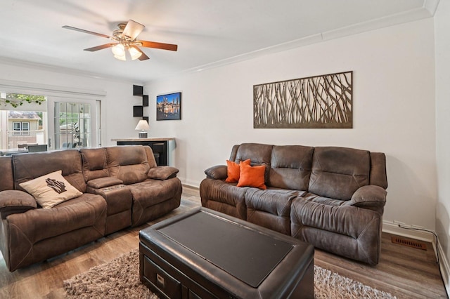 2313 Modaff Rd, Naperville, IL 60565 - living room featuring wood finished floors, a ceiling fan, ornamental molding, and baseboards