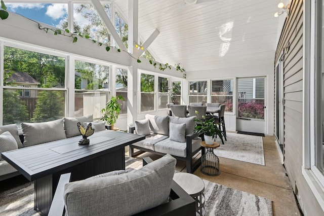 2313 Modaff Rd, Naperville, IL 60565 - sunroom featuring an outdoor living space, outdoor dining area, vaulted ceiling, and ceiling fan