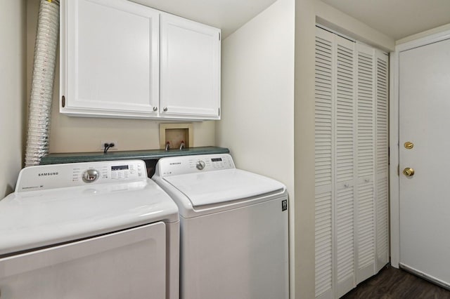 2313 Modaff Rd, Naperville, IL 60565 - washroom with washing machine and clothes dryer, cabinet space, and dark wood-type flooring