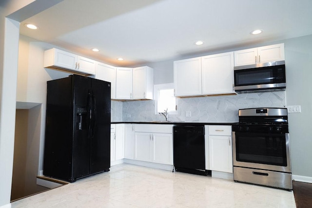 14117 S Calhoun Ave, Burnham, IL 60633 - kitchen with black appliances, white cabinets, backsplash, recessed lighting, and dark countertops