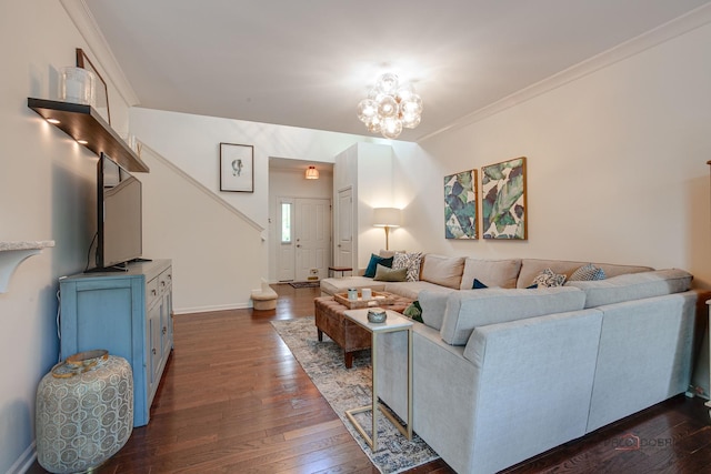 769 N Winchester Dr, Palatine, IL 60067 - living area featuring dark wood-style floors, baseboards, ornamental molding, and a chandelier