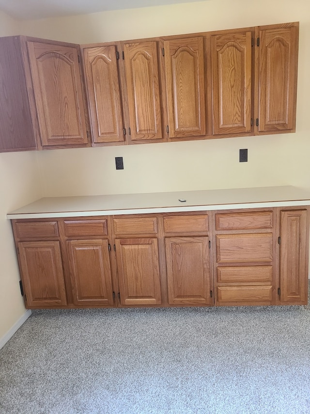 100 Watson Ave, Oglesby, IL 61348 - kitchen with light countertops, light carpet, and brown cabinetry