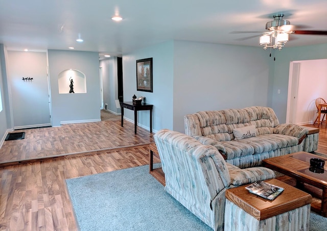 100 Watson Ave, Oglesby, IL 61348 - living room featuring a ceiling fan, wood finished floors, baseboards, and recessed lighting